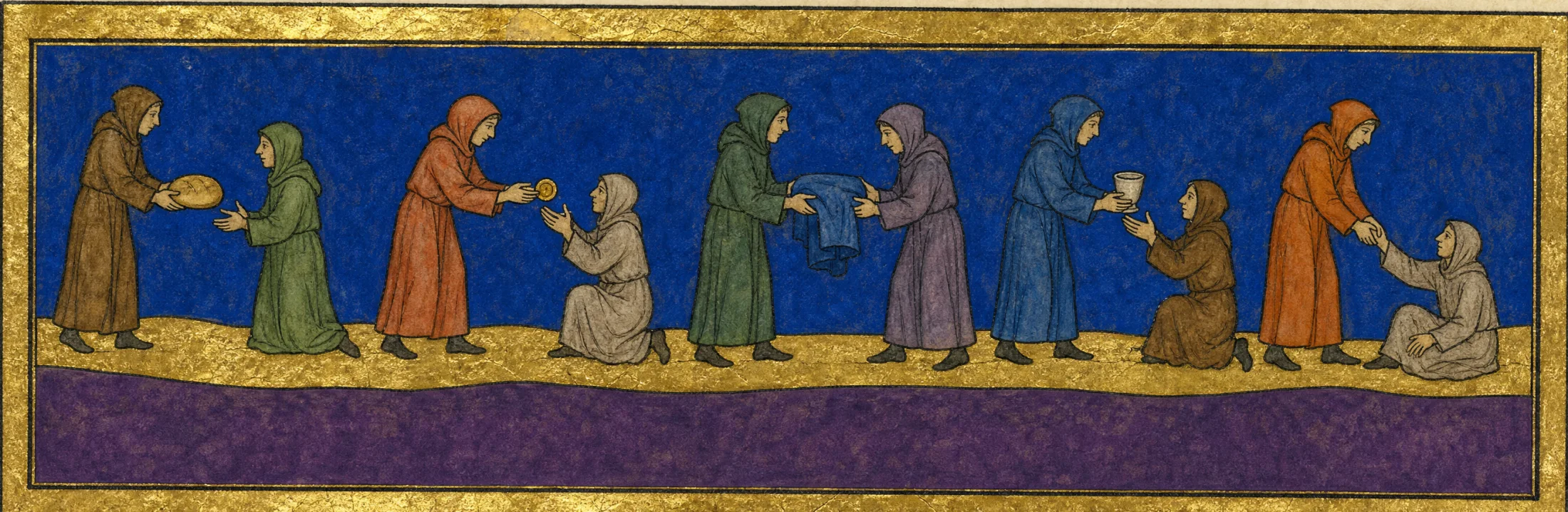 A painted panel: a gold road, and along it figures in plain coloured robes handing bread, a coin, a folded cloak, a cup of water, and a hand to those who have less — and those receiving turning in turn to give to the next.