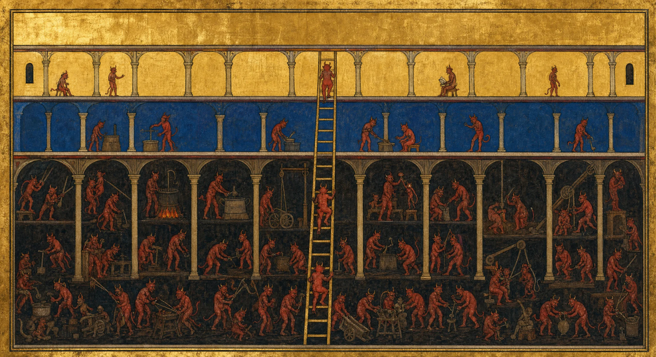 A painted cutaway of a building in three storeys. The lowest and widest is dark and crowded with small red demons at work and at odds with one another; above it a storey painted lapis blue holds fewer; above that a gold storey holds fewer still. A single gold ladder passes through all three.