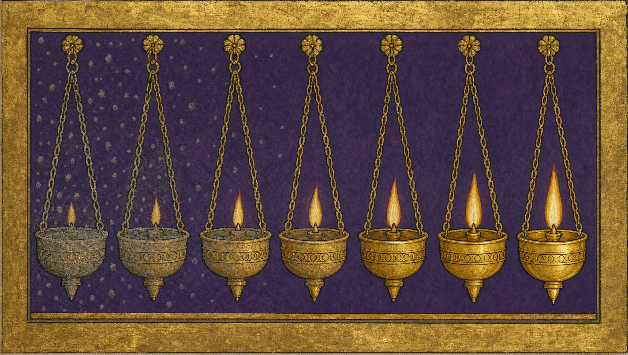 A painted panel: a row of seven hanging gold lamps. The leftmost is thick with grey dust and its flame is small; each along the row is cleaner and its flame larger, until the rightmost burns bright and clear.