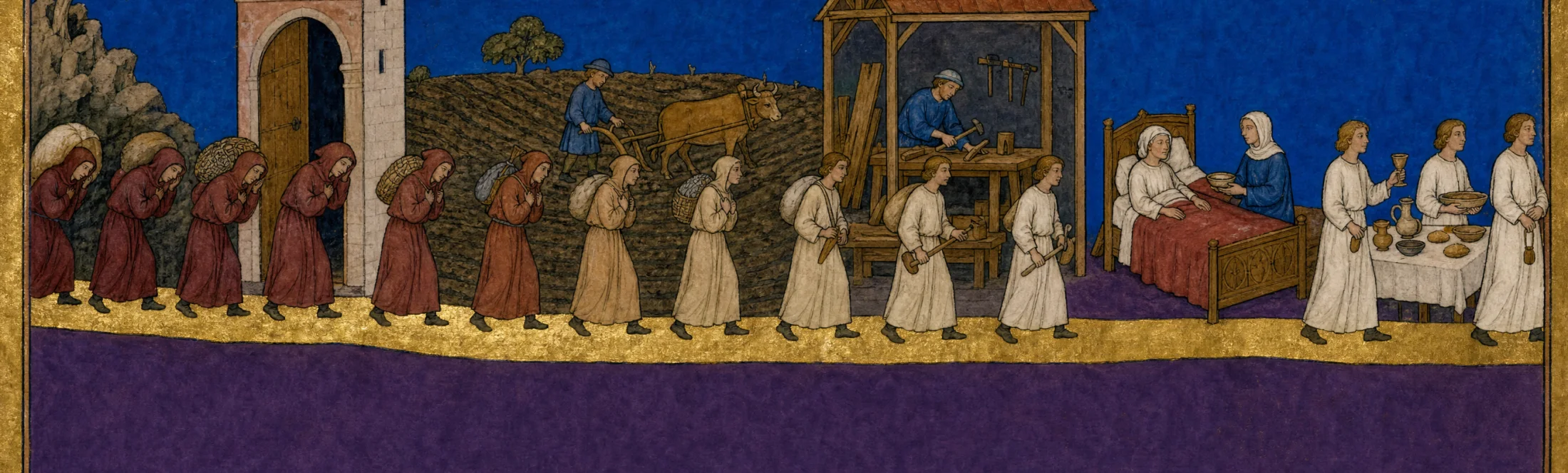 A painted frieze: a gold road running left to right, walked by hooded figures in dark red robes who straighten and lighten to white as the road goes on, passing a doorway, a field, a workbench, a bedside, and a table set for a meal.