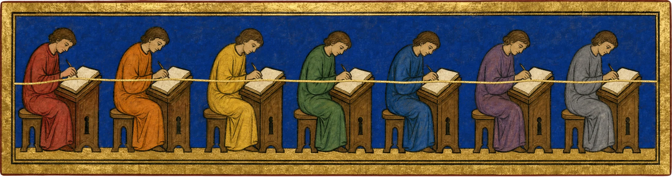 A painted panel: seven scribes in robes of seven different colours sit at seven identical writing desks, each bent over an open book. A single unbroken gold thread runs through every book along the width of the panel.