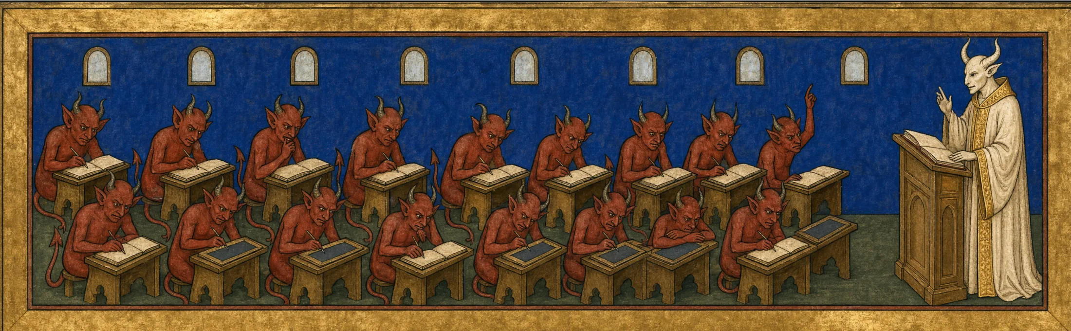 A painted panel: rows of small red demons at low wooden desks in a long hall, bent over books and wax tablets. One is asleep. One has its hand raised. At the far end a calm figure in white and gold stands at a lectern, teaching.