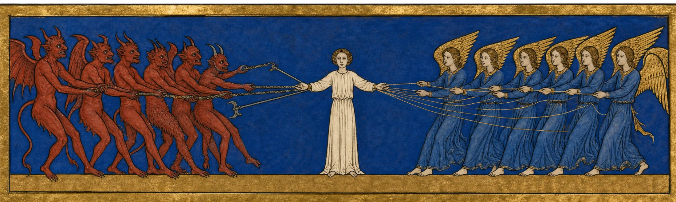 A painted panel on a lapis ground. A single figure in white robes stands at the centre. From the left, a line of red demons hauls at it with chains; from the right, a line of winged figures in blue draws it back with fine gold threads. The figure is upright; neither side is winning.