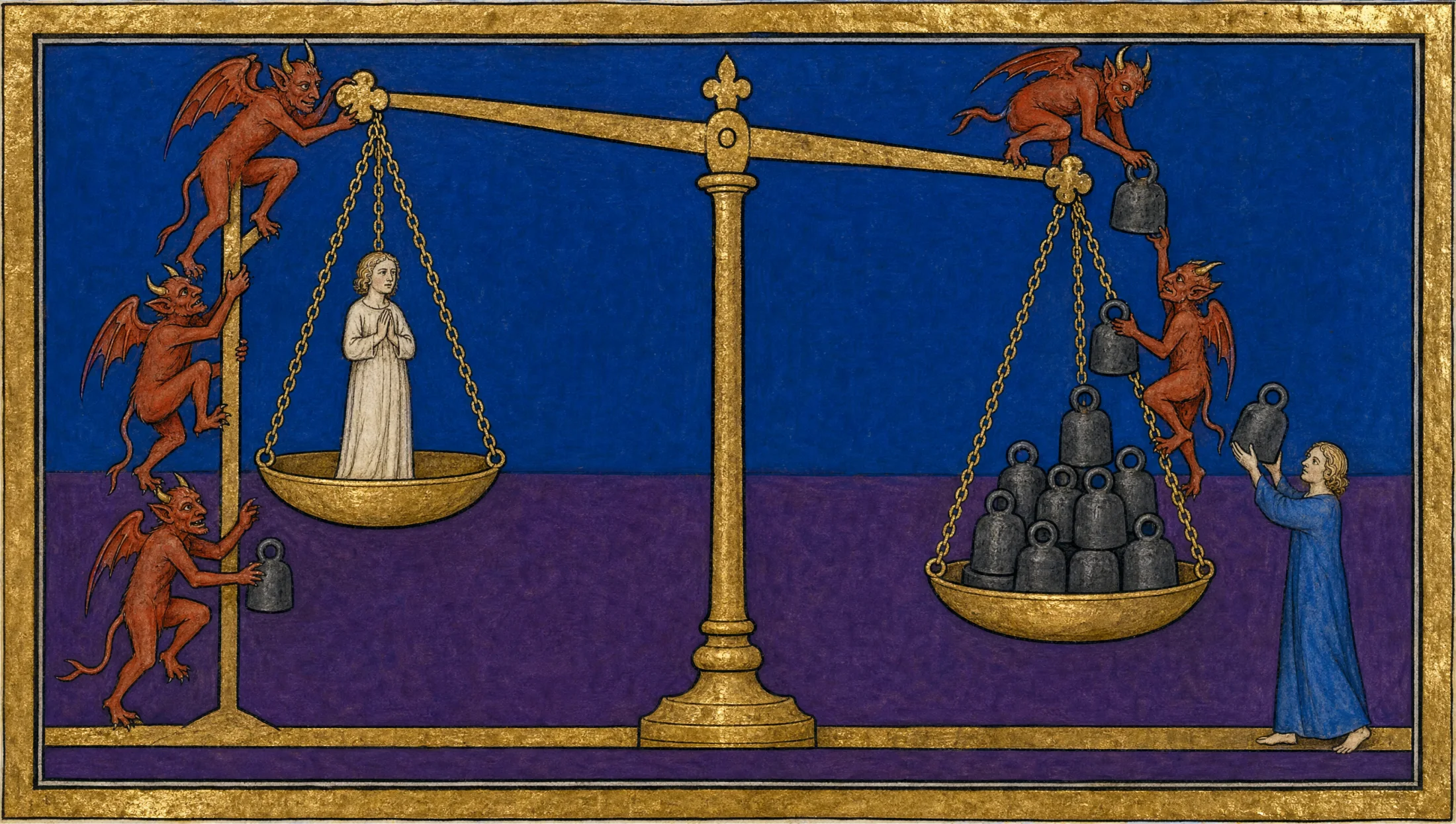 A painted panel: a great gold balance. In the left pan stands a small figure in white; red demons climb the frame and drop leaden weights into the right pan, which hangs heavy. At the far right, one figure in blue quietly lifts a single weight back out.
