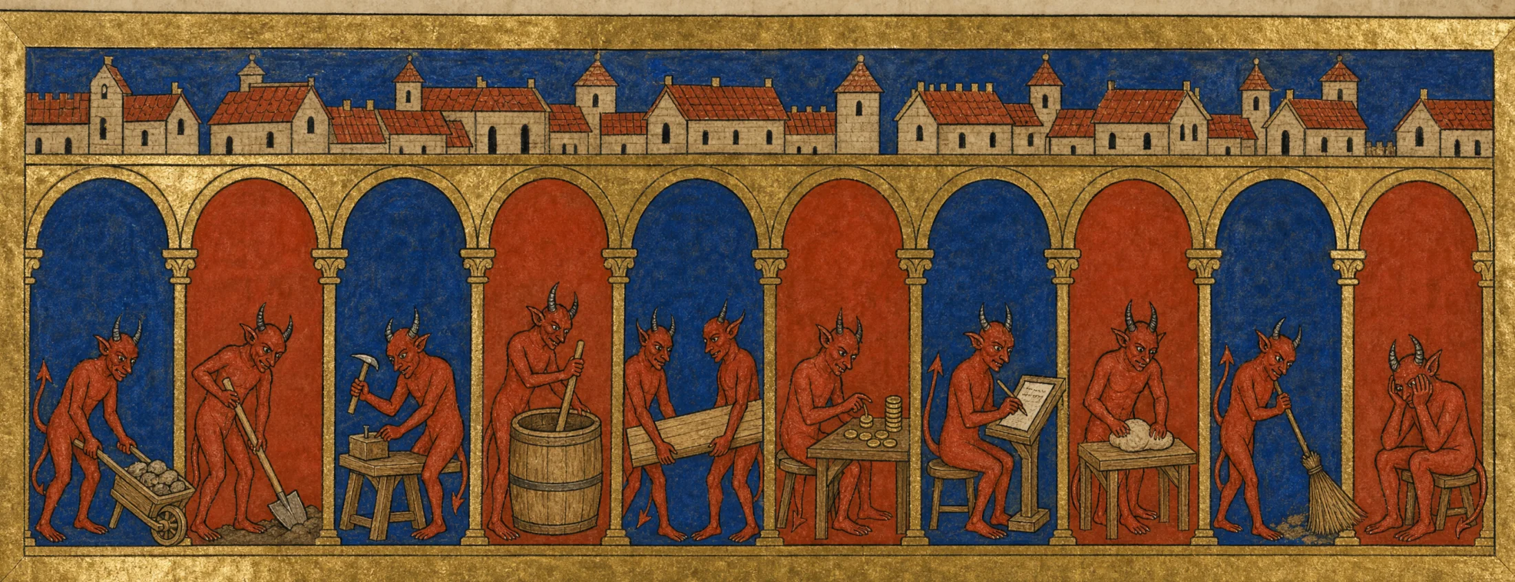 A painted frieze: a long arcade of ten arches, and in every bay a small red demon at ordinary labour — pushing a barrow, digging, hammering, stirring a barrel, carrying a plank, counting coins, writing at a desk, kneading, sweeping, and one sitting with its head in its hands.