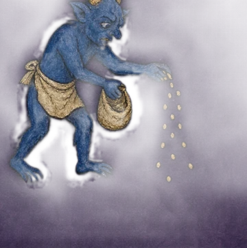 A painted demon scattering seed from a small sack.