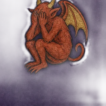 A painted demon sitting with both hands covering its eyes.