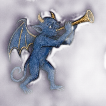 A painted demon blowing a long horn.