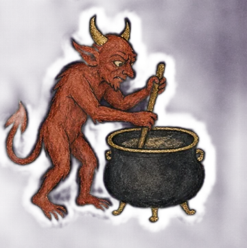 A painted demon stirring a black cauldron.
