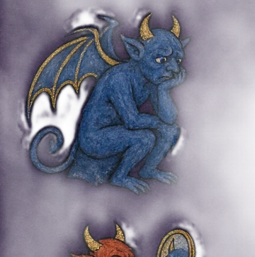 A painted demon resting its chin on its fist, watching.