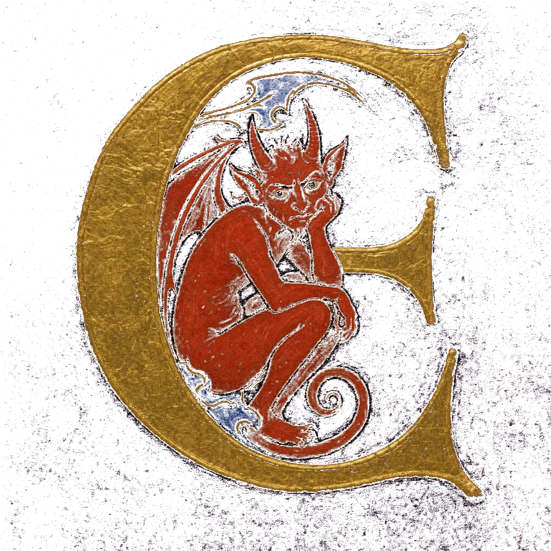 An illuminated gold initial E with a red demon coiled inside its bowl, resting its chin on its fist.