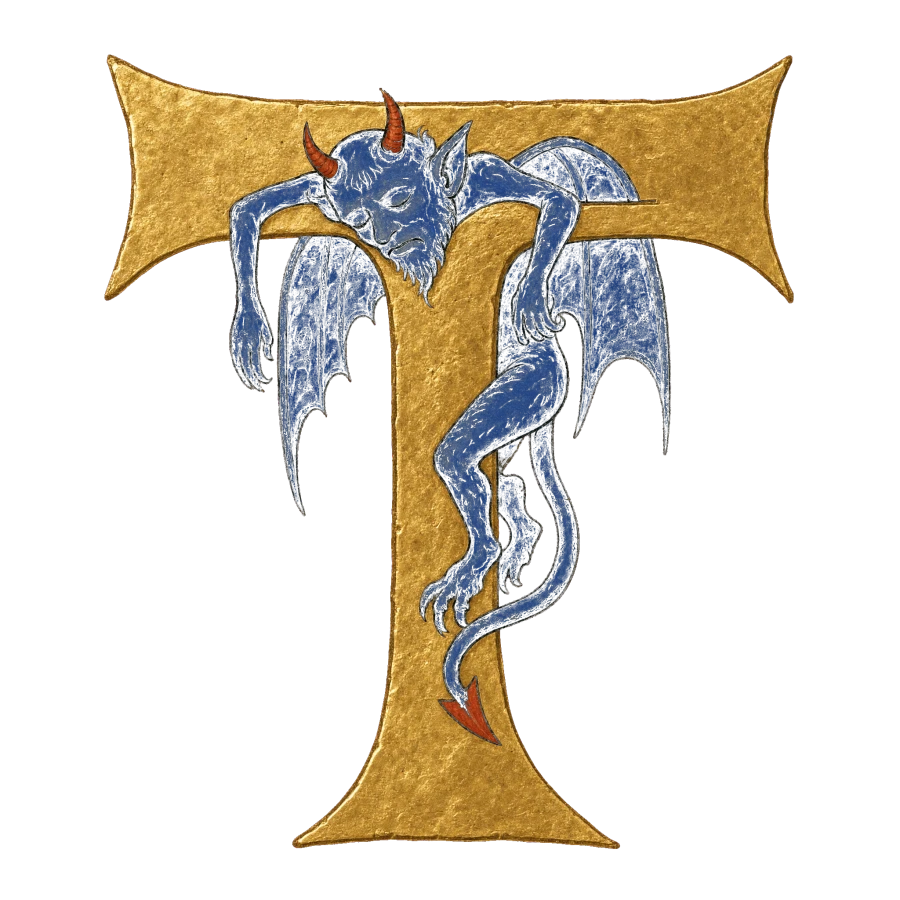 An illuminated gold initial T with a blue winged demon draped over its crossbar, fast asleep.